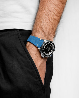 Leder-Uhrenarmband Hirsch Serro L 05564080-2, blau, Wildleder, Limited Edition, Länge L, Quick Release